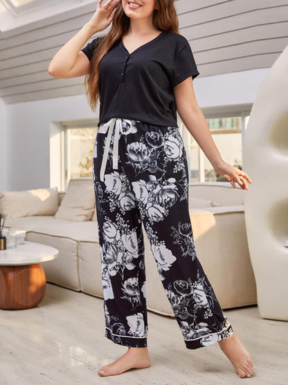 Plus Size women's V Neck Short Sleeve T-Shirt Floral Trousers Home Pajamas Set - FashionistaDeal