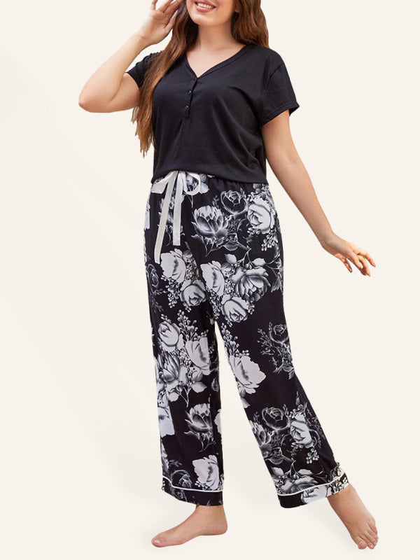 Plus Size women's V Neck Short Sleeve T-Shirt Floral Trousers Home Pajamas Set - FashionistaDeal