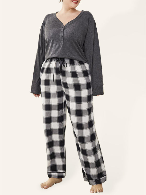 Plus size women's V-neck long-sleeved T-shirt plaid trousers home pajamas set - FashionistaDeal