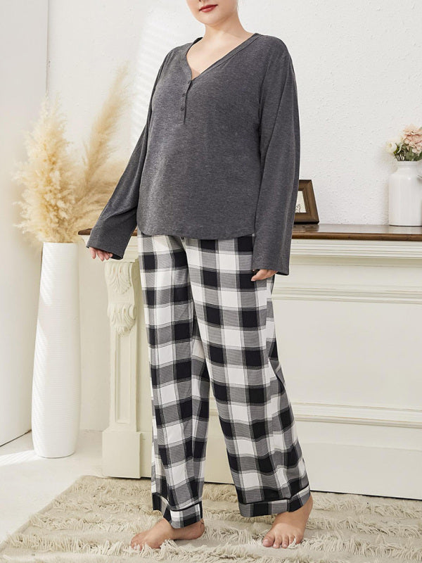 Plus size women's V-neck long-sleeved T-shirt plaid trousers home pajamas set - FashionistaDeal