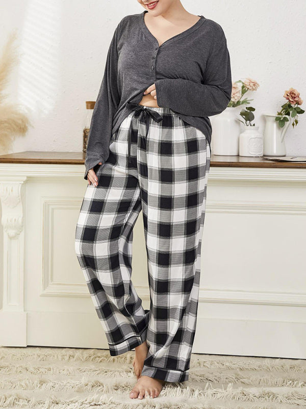 Plus size women's V-neck long-sleeved T-shirt plaid trousers home pajamas set - FashionistaDeal