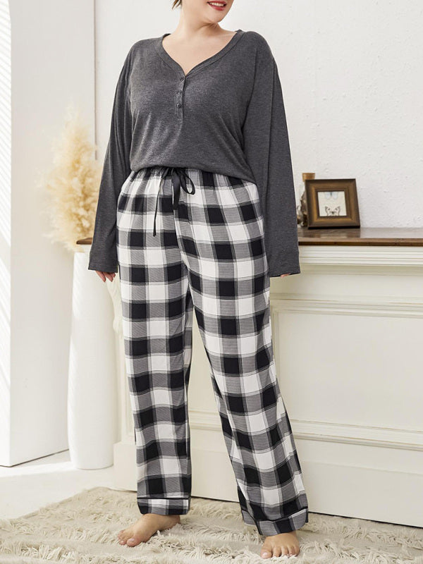 Plus size women's V-neck long-sleeved T-shirt plaid trousers home pajamas set - FashionistaDeal