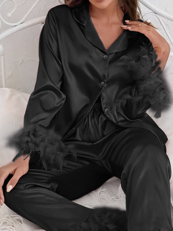 Women's ostrich feather shirt and trousers loose two-piece feather home clothes - FashionistaDeal