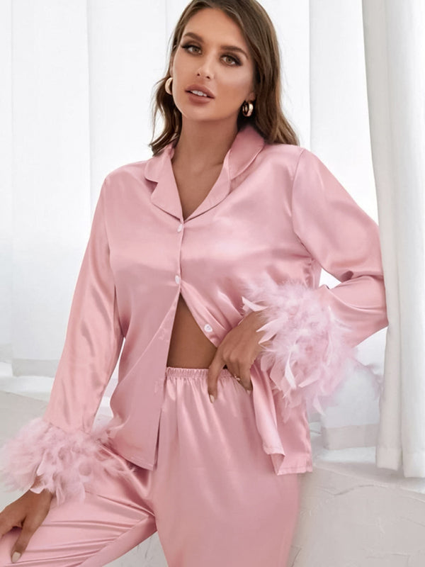 Women's ostrich feather shirt and trousers loose two-piece feather home clothes - FashionistaDeal