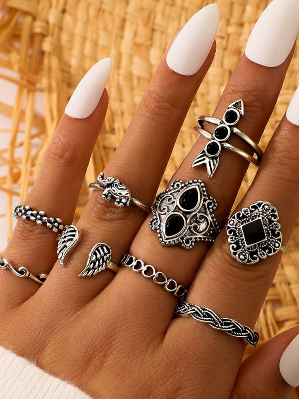 Jewelry 15-piece ring personality hollow lotus sunflower geometric black stone set ring - FashionistaDeal