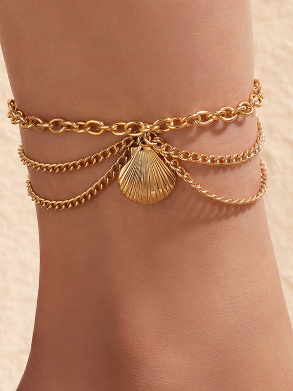 Gold heart-shaped chain anklet tassel snake-shaped pendant three-layer anklet for women - FashionistaDeal