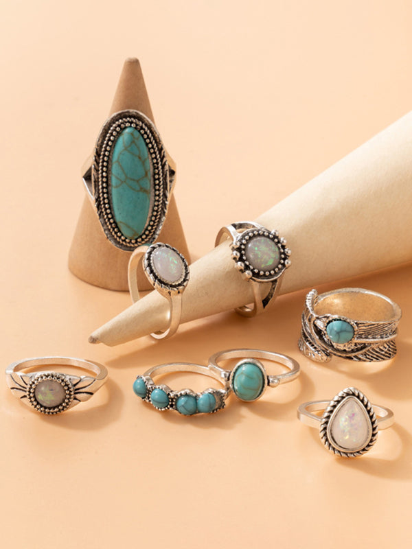 Ethnic style retro inlaid turquoise carved feather ring fashion 8-piece combination ring set - FashionistaDeal