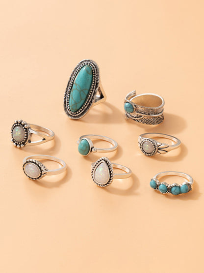 Ethnic style retro inlaid turquoise carved feather ring fashion 8-piece combination ring set - FashionistaDeal