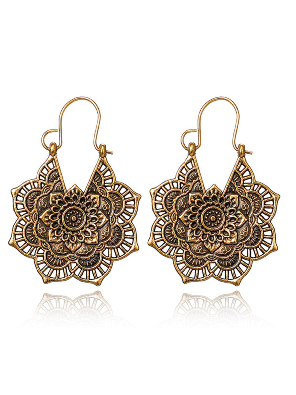 Vintage Ethnic Metal Cutout Floral Flower Earrings Bohemian Carved Earrings - FashionistaDeal