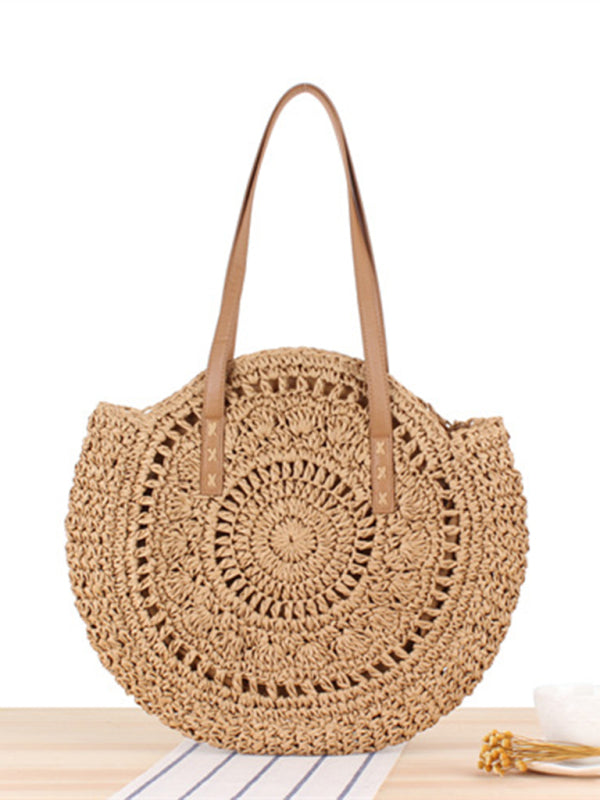 Round shoulder straw woven bag woven bag beach bag fashion women's bag straw woven bag - FashionistaDeal