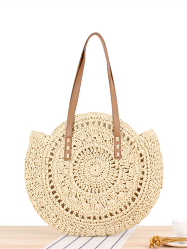 Round shoulder straw woven bag woven bag beach bag fashion women's bag straw woven bag - FashionistaDeal