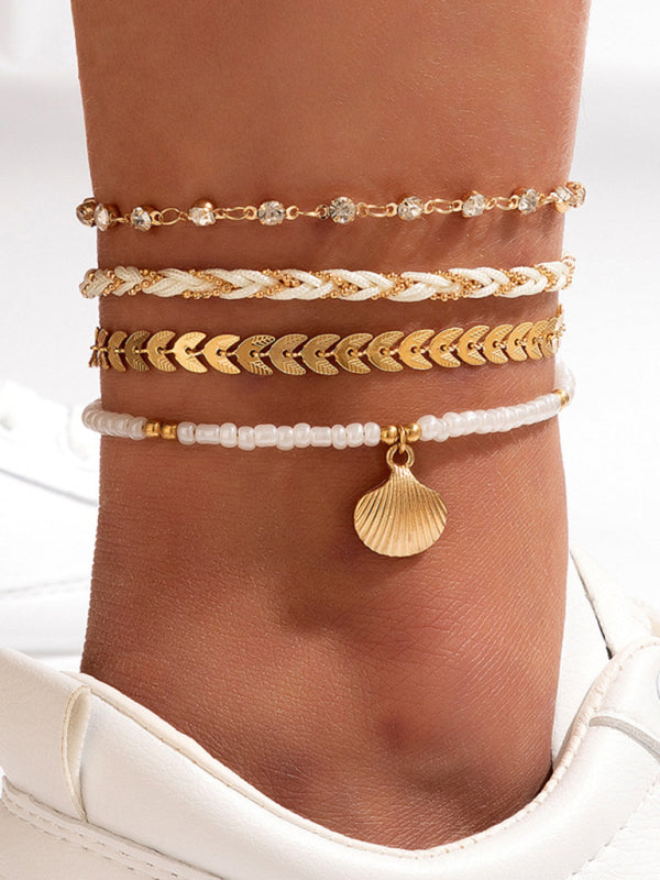 Rice beads beaded rope shell four-layer anklet Geometric aircraft chain multi-layer foot decoration - FashionistaDeal