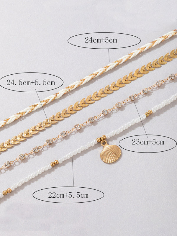 Rice beads beaded rope shell four-layer anklet Geometric aircraft chain multi-layer foot decoration - FashionistaDeal