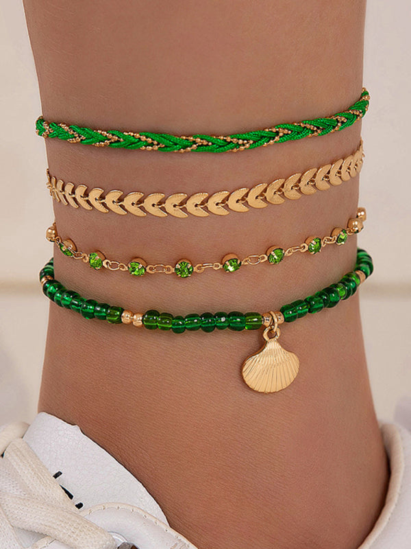 Rice beads beaded rope shell four-layer anklet Geometric aircraft chain multi-layer foot decoration - FashionistaDeal