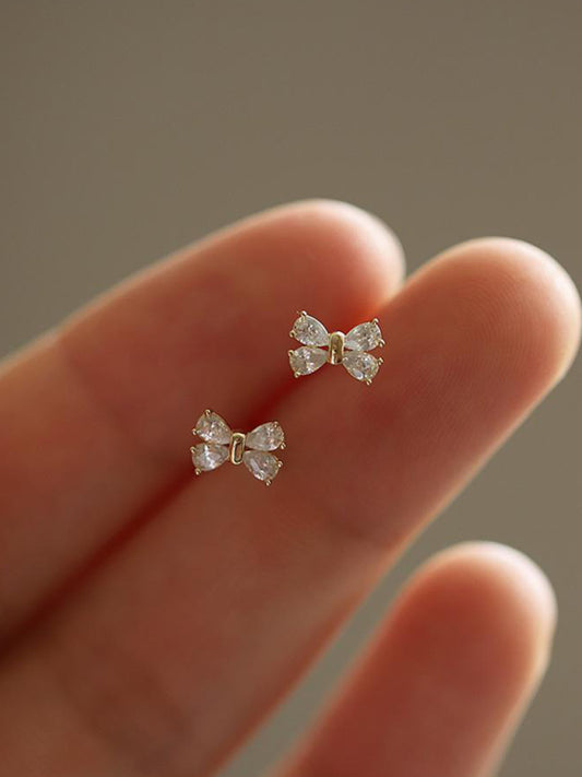 Women's 14k gold plated earrings, four diamond bows, sweet design mini earrings