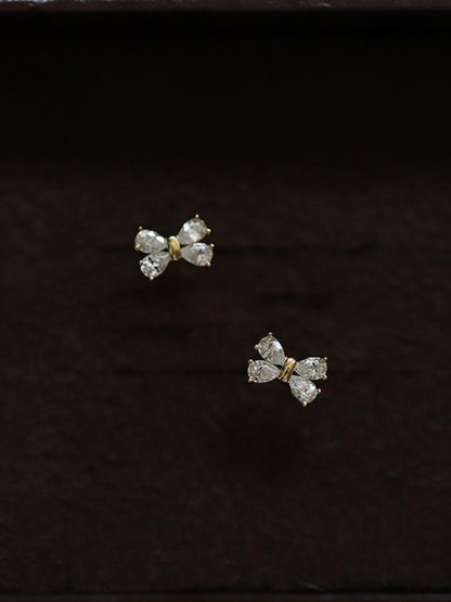 Women's 14k gold plated earrings, four diamond bows, sweet design mini earrings