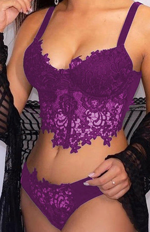 Spaghetti Straps Crochet Lace Hollow Out Bra Thong Lingerie Set - FashionistaDeal