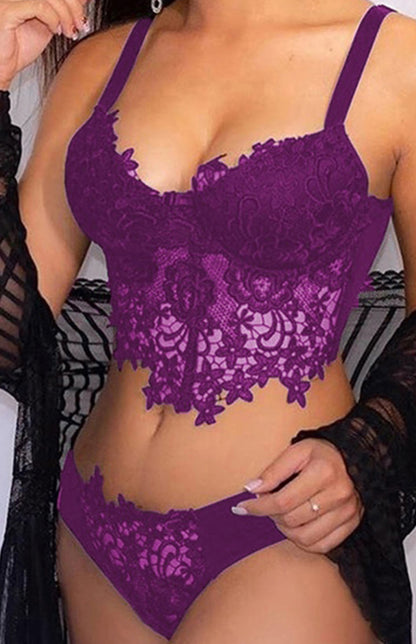 Spaghetti Straps Crochet Lace Hollow Out Bra Thong Lingerie Set - FashionistaDeal