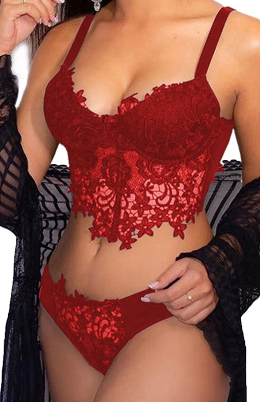 Spaghetti Straps Crochet Lace Hollow Out Bra Thong Lingerie Set - FashionistaDeal