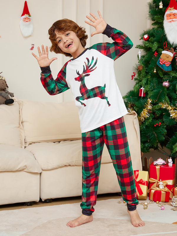 New Christmas parent-child cartoon elk plaid print Christmas pajamas set - FashionistaDeal