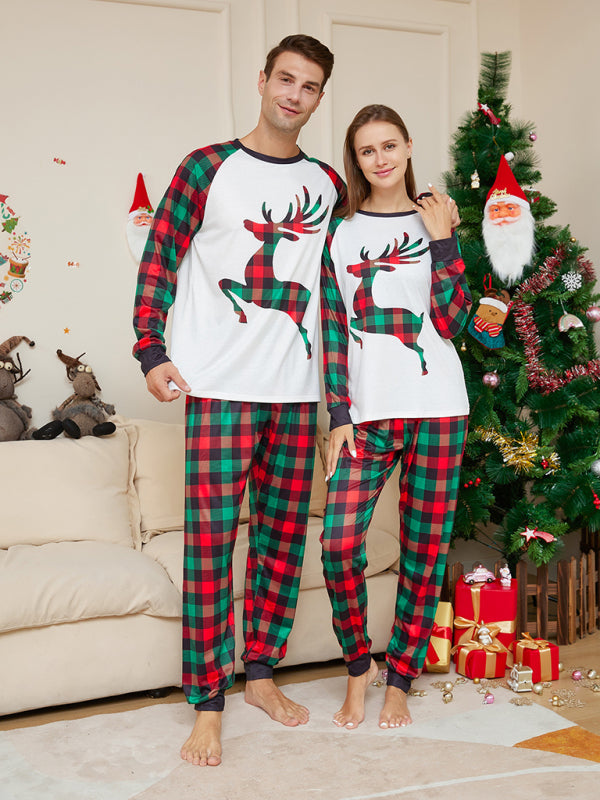 New Christmas parent-child cartoon elk plaid print Christmas pajamas set - FashionistaDeal