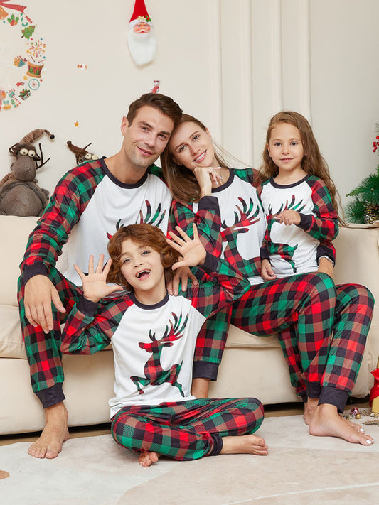 New Christmas parent-child cartoon elk plaid print Christmas pajamas set - FashionistaDeal