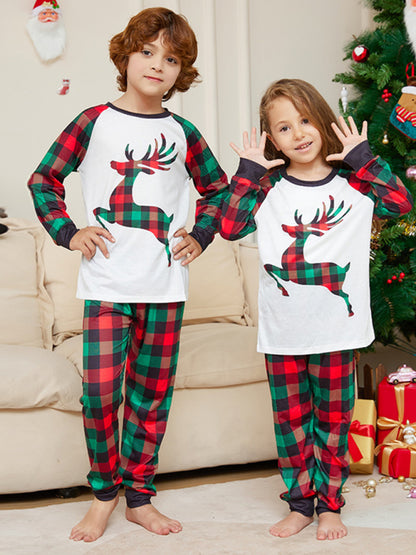 New Christmas parent-child cartoon elk plaid print Christmas pajamas set - FashionistaDeal