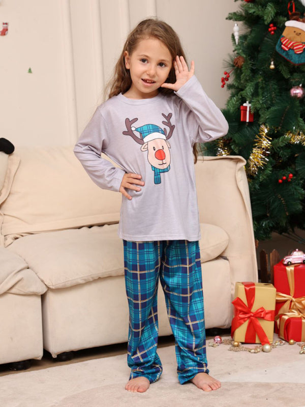 New Christmas Cartoon Deer Head Blue Plaid Round Neck Long Sleeve Parent-Child Family Pajamas Set - FashionistaDeal