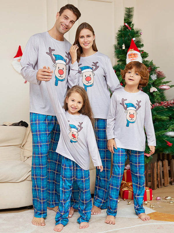 New Christmas Cartoon Deer Head Blue Plaid Round Neck Long Sleeve Parent-Child Family Pajamas Set - FashionistaDeal