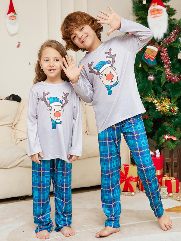 New Christmas Cartoon Deer Head Blue Plaid Round Neck Long Sleeve Parent-Child Family Pajamas Set - FashionistaDeal