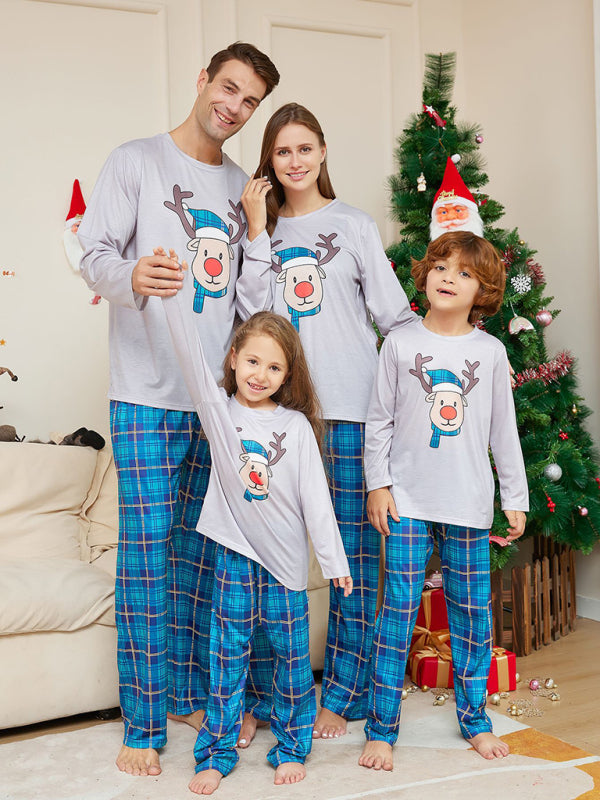 New Christmas Cartoon Deer Head Blue Plaid Round Neck Long Sleeve Parent-Child Family Pajamas Set - FashionistaDeal