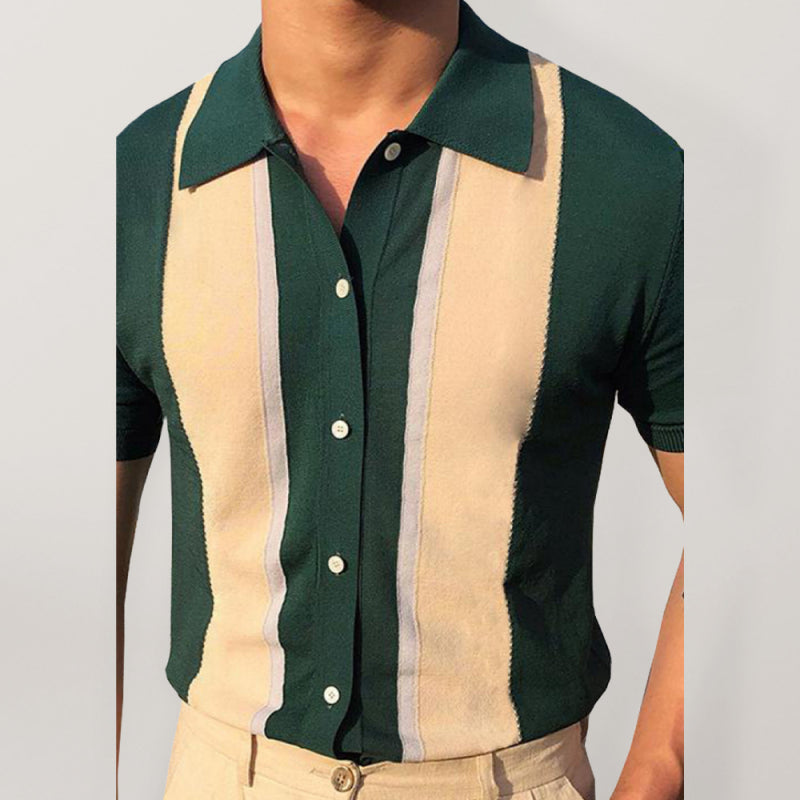 Collision T-Shirt Single-Breasted Cardigan Knitted Short-Sleeved Polo Shirt - FashionistaDeal