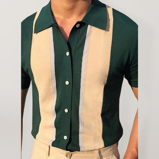 Collision T-Shirt Single-Breasted Cardigan Knitted Short-Sleeved Polo Shirt - FashionistaDeal