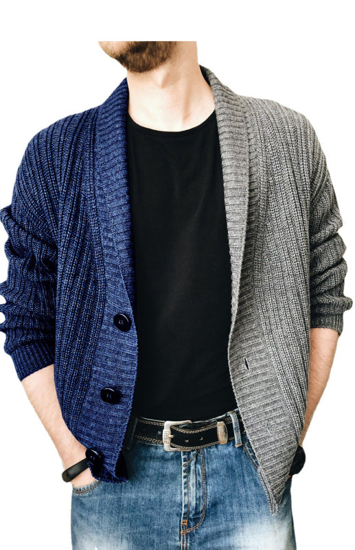 Men's Two Tone Patchwork Single Breasted Long Sleeve Sweater Cardigan - FashionistaDeal