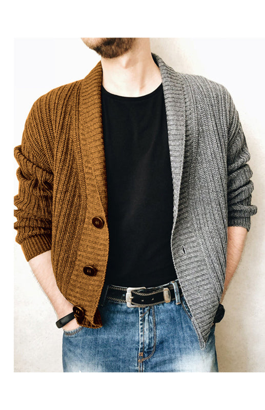 Men's Two Tone Patchwork Single Breasted Long Sleeve Sweater Cardigan - FashionistaDeal