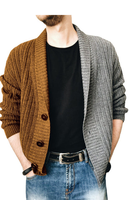 Men's Two Tone Patchwork Single Breasted Long Sleeve Sweater Cardigan - FashionistaDeal