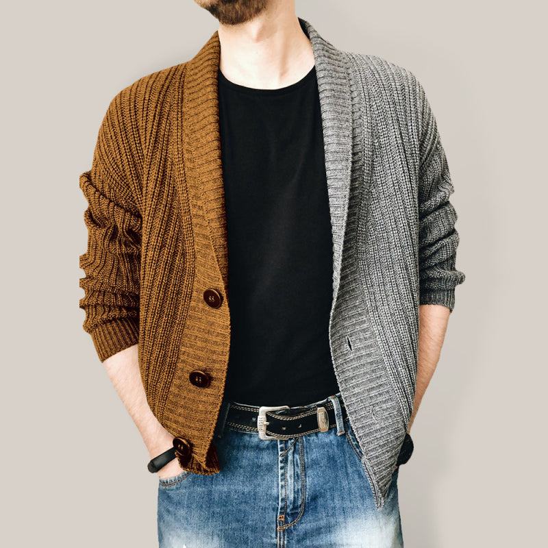 Men's Two Tone Patchwork Single Breasted Long Sleeve Sweater Cardigan - FashionistaDeal