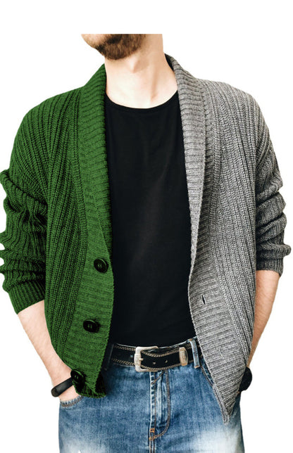 Men's Two Tone Patchwork Single Breasted Long Sleeve Sweater Cardigan - FashionistaDeal