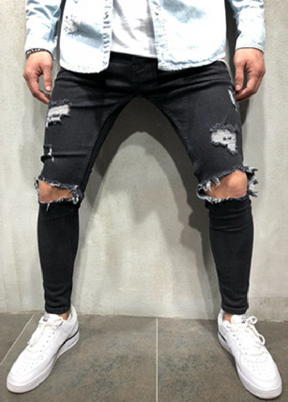 Men's Fashion Mid Waist Ripped Slim Jeans - FashionistaDeal