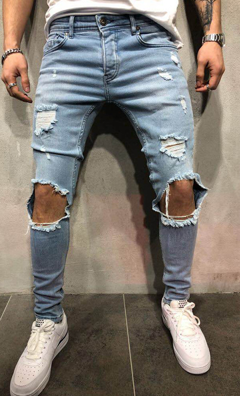 Men's Fashion Mid Waist Ripped Slim Jeans - FashionistaDeal