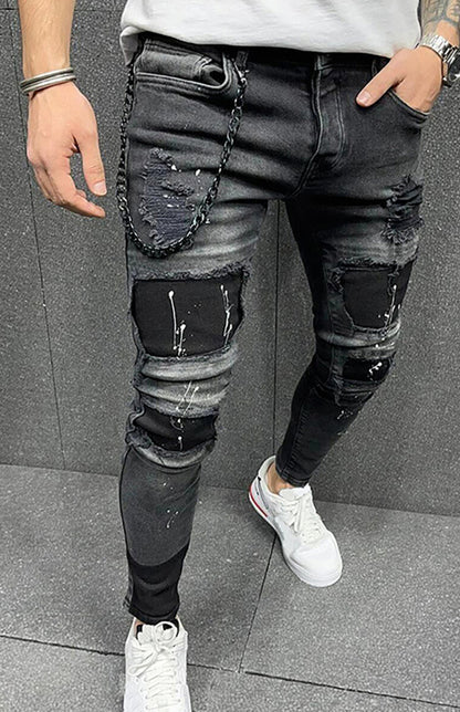 Men's Fashion Mid Waist Ripped Slim Jeans - FashionistaDeal