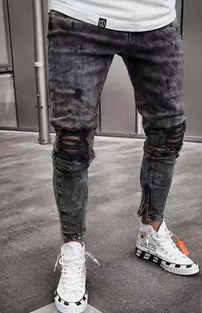 Men's Fashion Mid Waist Ripped Slim Jeans - FashionistaDeal