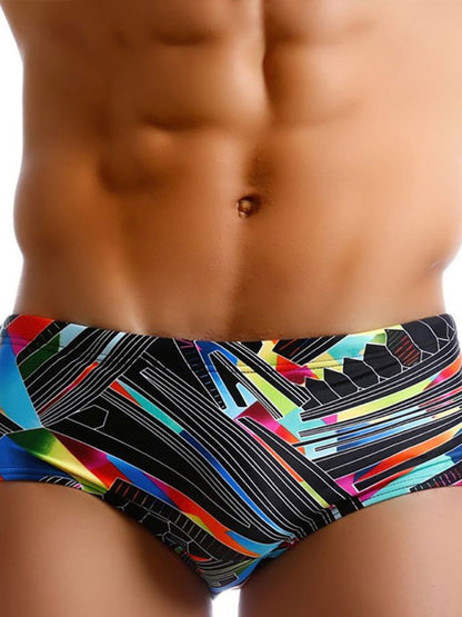 Men's Colorful Lines Geometric Irregular Print Boxer Swim Shorts - FashionistaDeal