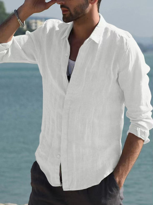 Men’s Casual Long Sleeve White Linen Button Down With Collar And Long Sleeves - FashionistaDeal