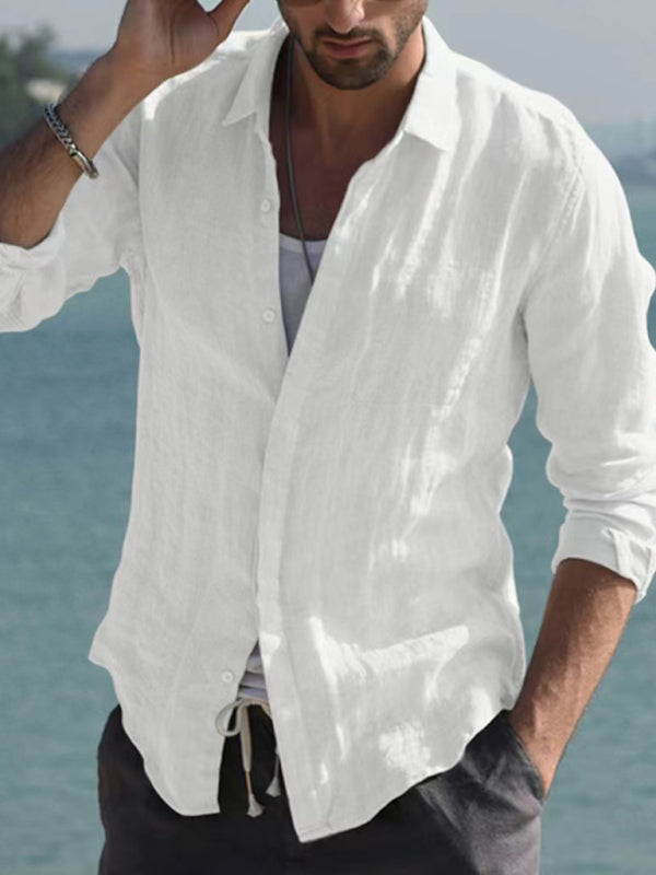 Men’s Casual Long Sleeve White Linen Button Down With Collar And Long Sleeves - FashionistaDeal