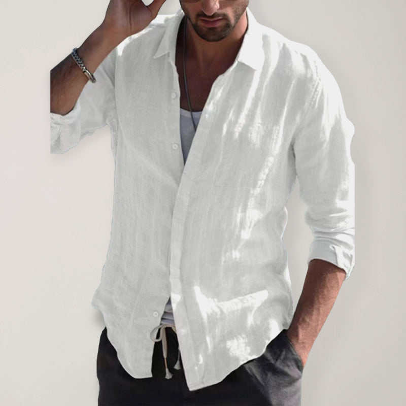 Men’s Casual Long Sleeve White Linen Button Down With Collar And Long Sleeves - FashionistaDeal