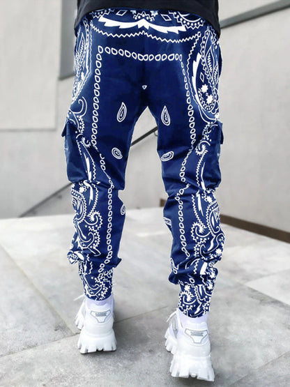 New printed cashew flower harem pants men's loose high street multi-pocket overalls - FashionistaDeal