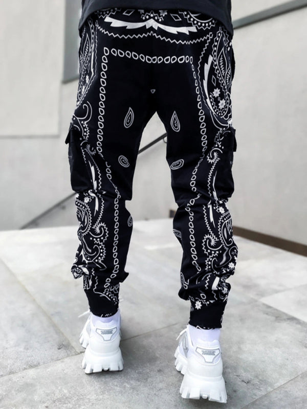 New printed cashew flower harem pants men's loose high street multi-pocket overalls - FashionistaDeal