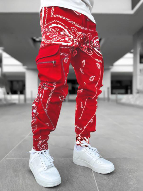 New printed cashew flower harem pants men's loose high street multi-pocket overalls - FashionistaDeal