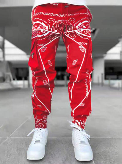 New printed cashew flower harem pants men's loose high street multi-pocket overalls - FashionistaDeal